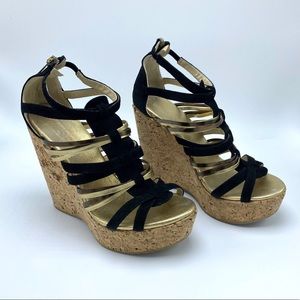 Jimmy Choo Size 38 Black & Gold Strappy Wedge Sandal